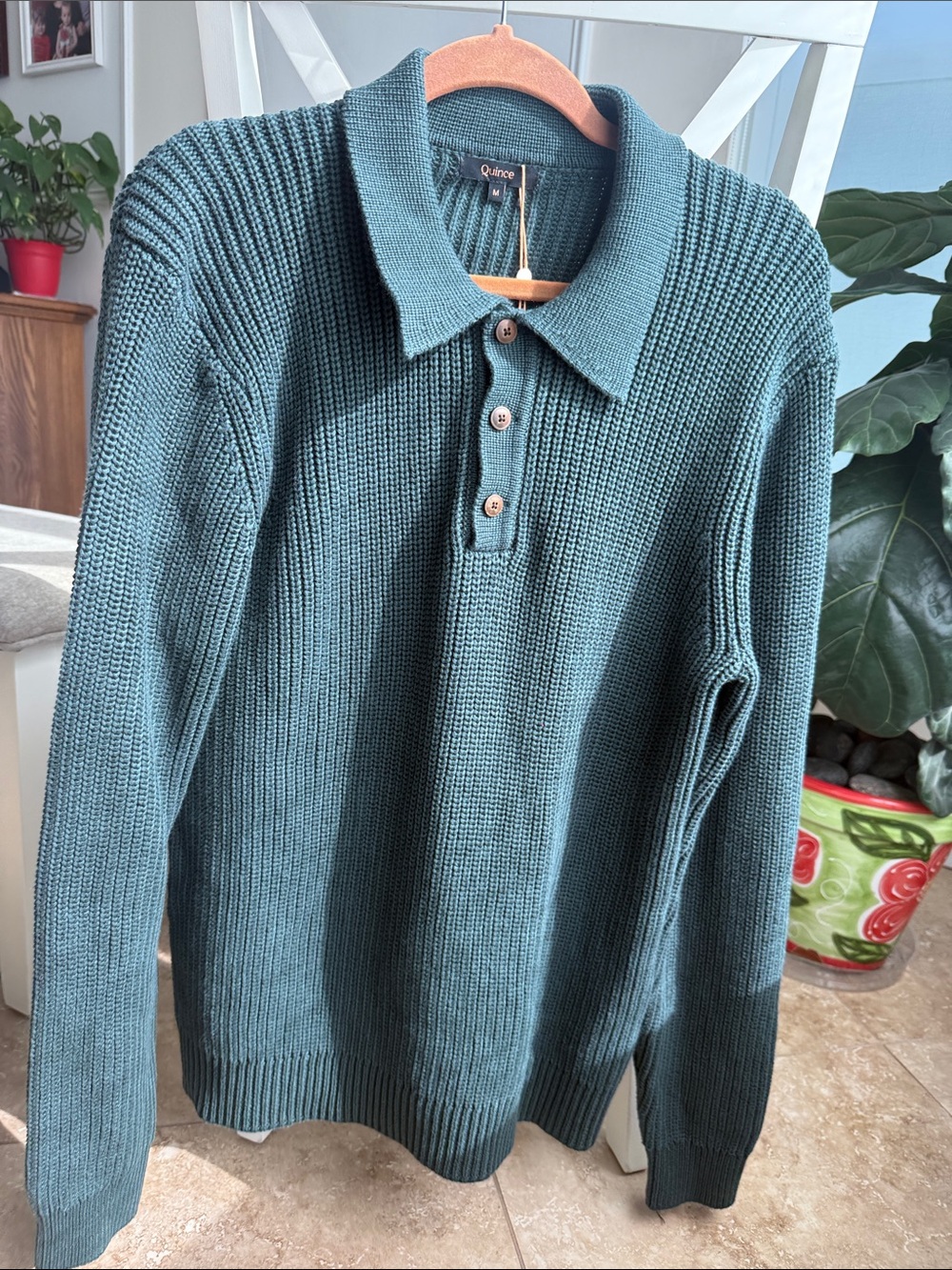 Quince 100% Organic Cotton Fisherman   Polo Sweater for Men/ Dark Spruce NWT
